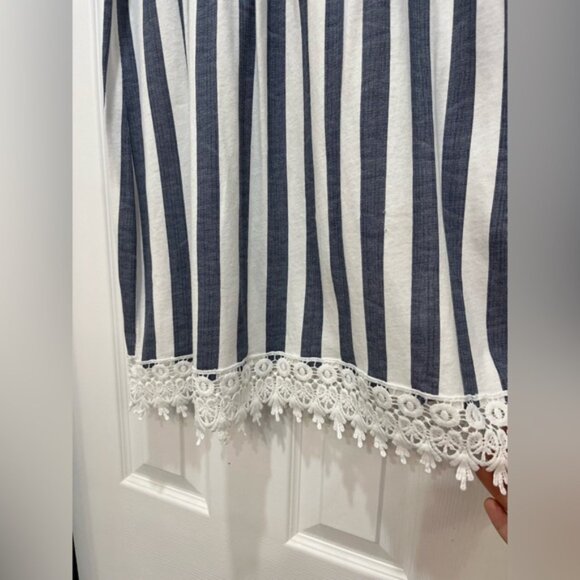 Off Shoulder Boho Stripe Dress White Denim Blue Crochet Trim Cottagecore - Picture 3 of 4
